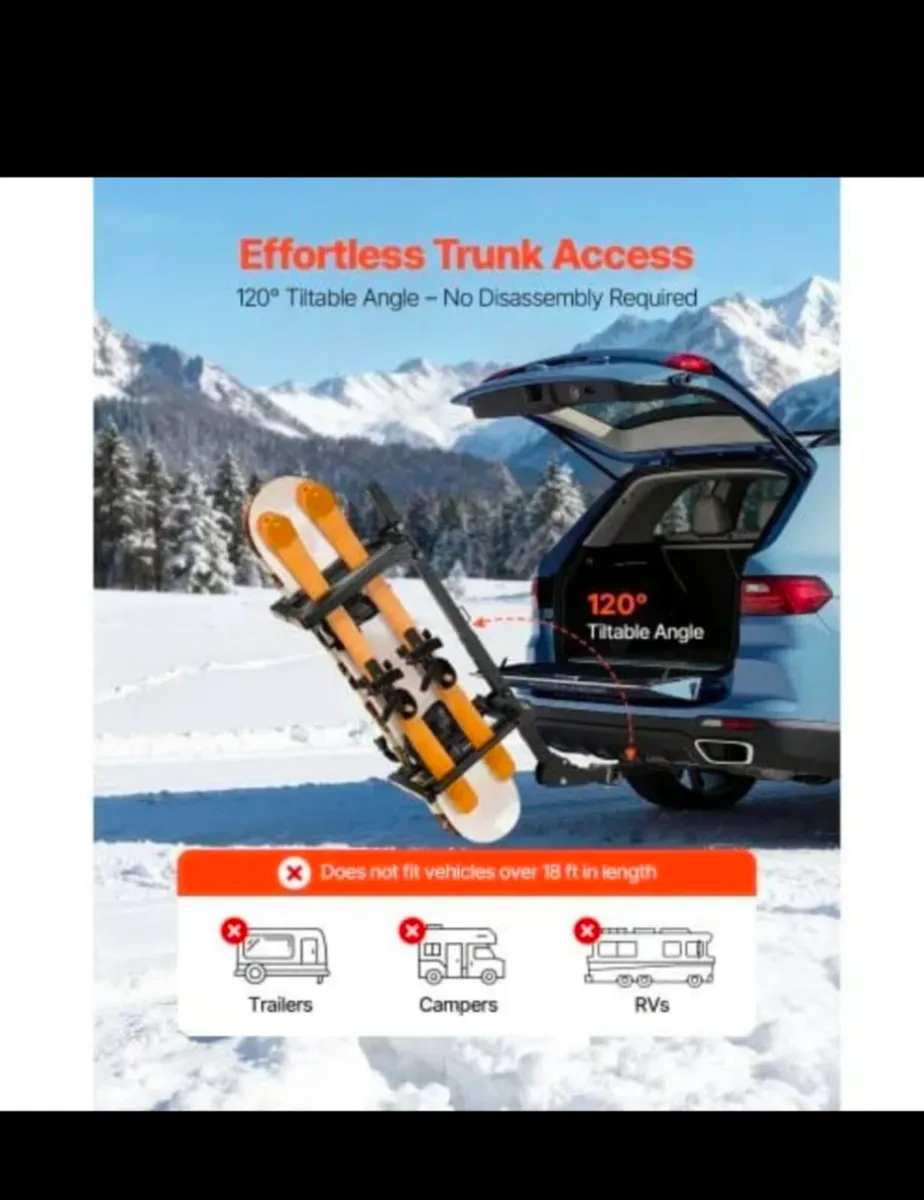 Folding Hitch Mounted Ski & Snowboard Rack, Fits 5 - Image 2