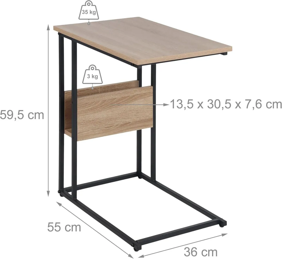 C-shaped side table with shelf and compartment - Image 3