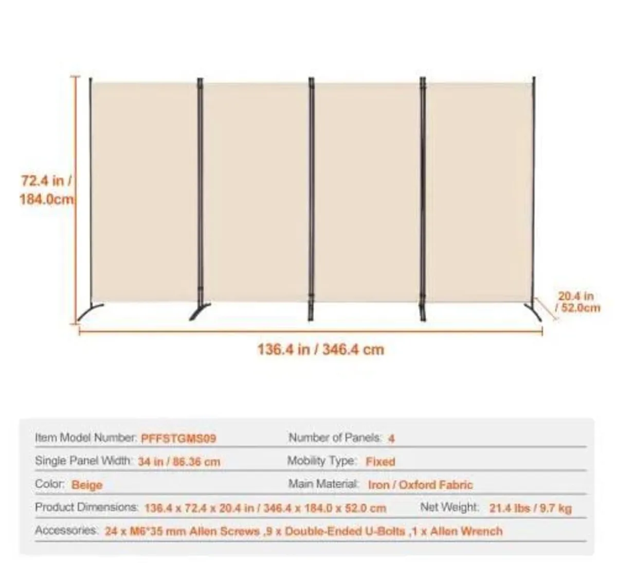 Room Divider, 4 Panels Room Divider, Folding Priva - Image 3