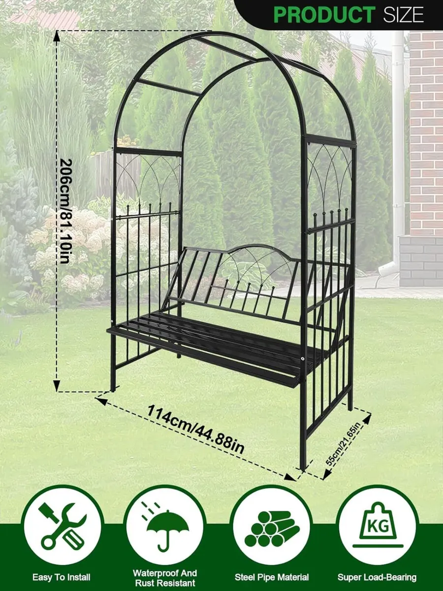 2 M Garden Arch with Bench Metal Heavy Duty Arbor - Image 3