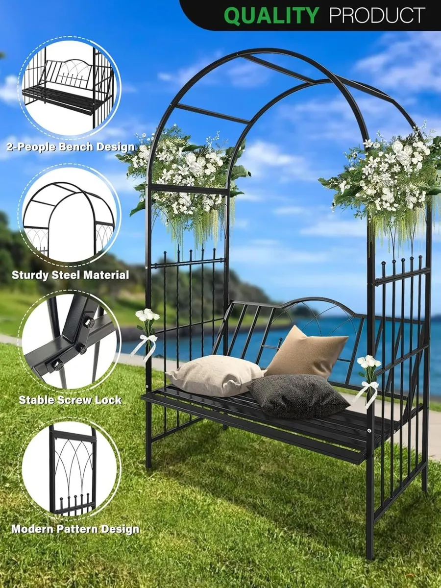 2 M Garden Arch with Bench Metal Heavy Duty Arbor - Image 4