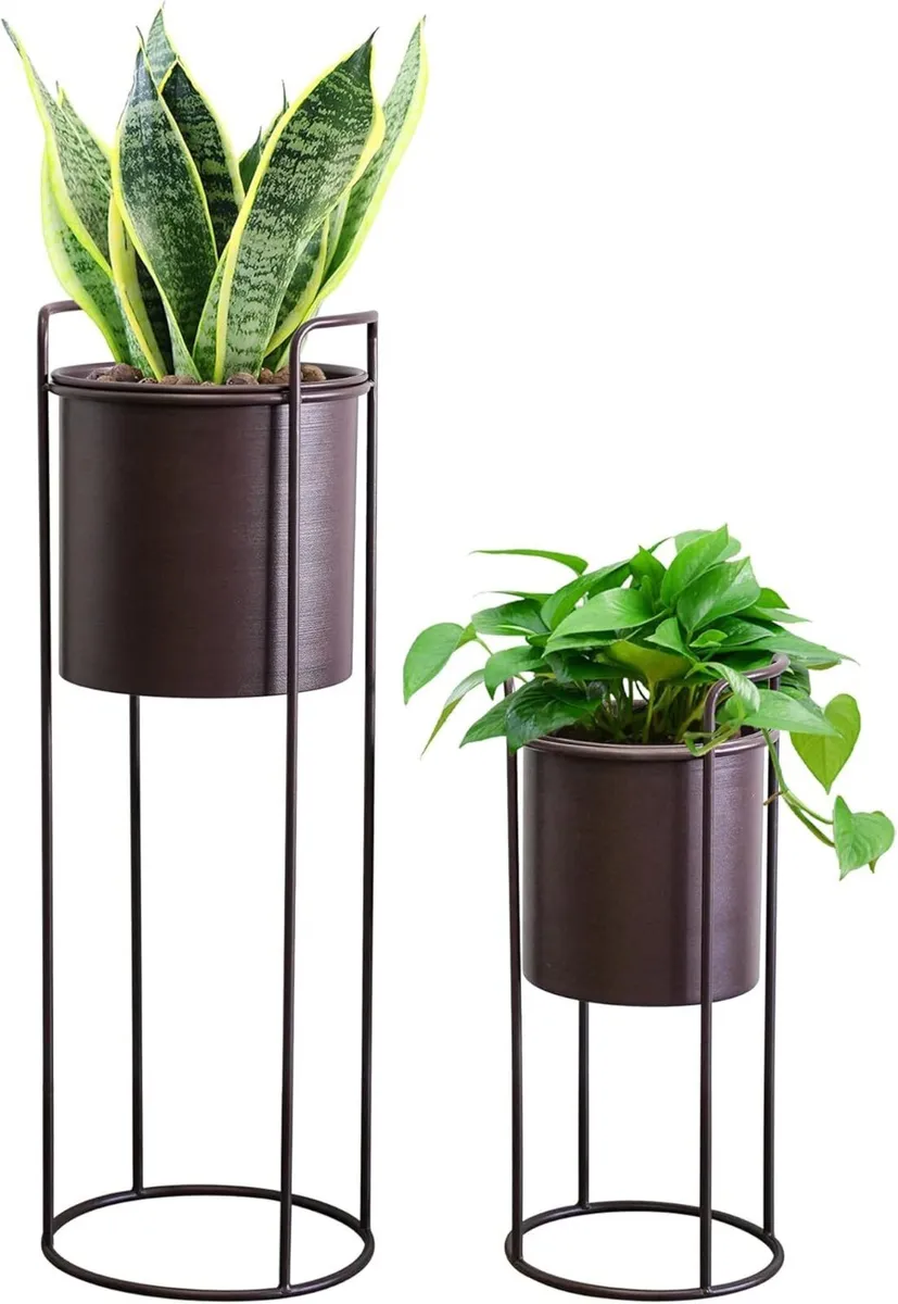 Set of 2 Metal Planter Stand with Plant Pot - Image 1