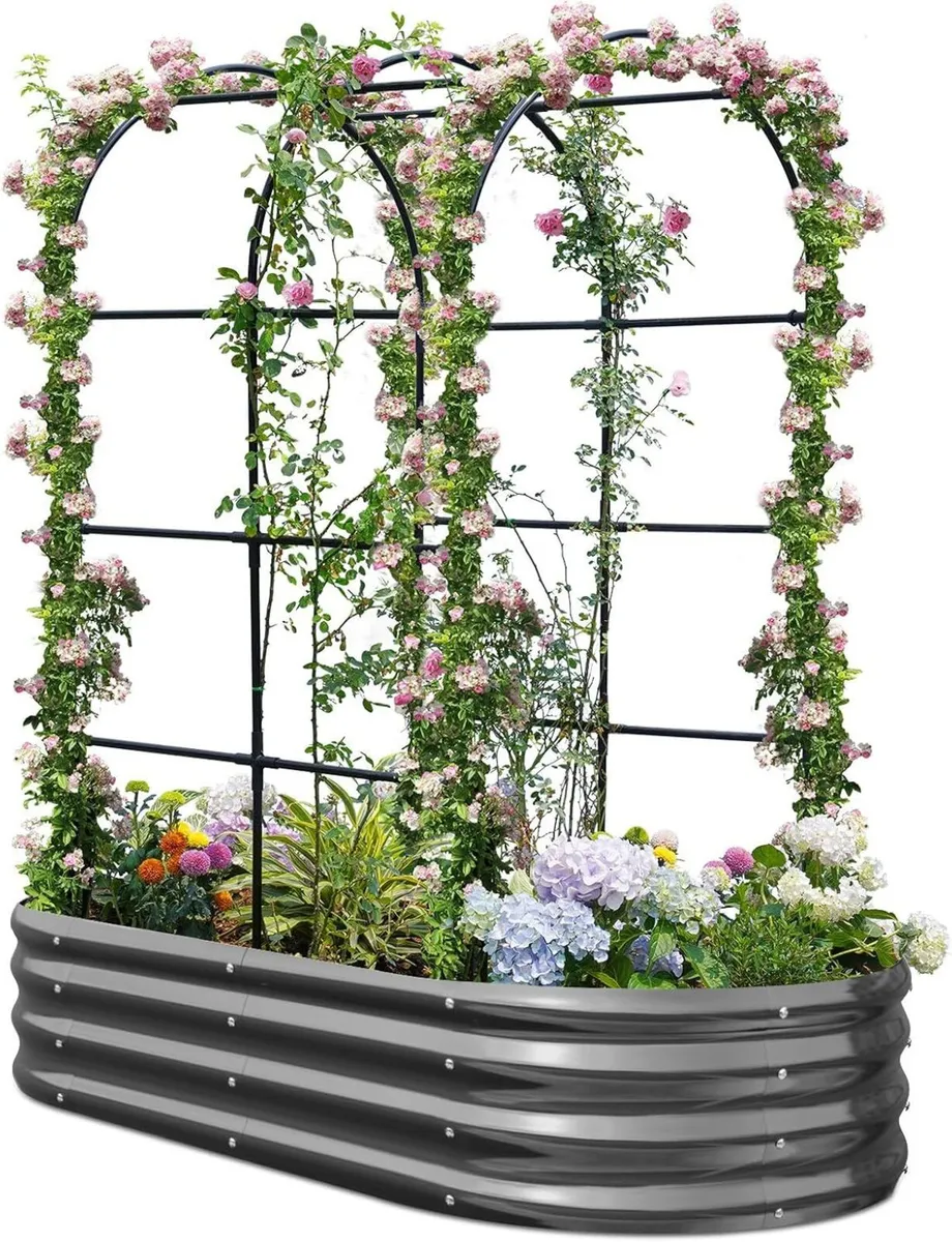 Galvanized Metal Raised Garden Bed with Trellis - Image 1