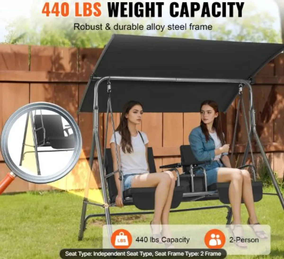 2-Seat Patio Swing Chair, Outdoor Patio Swing - Image 2