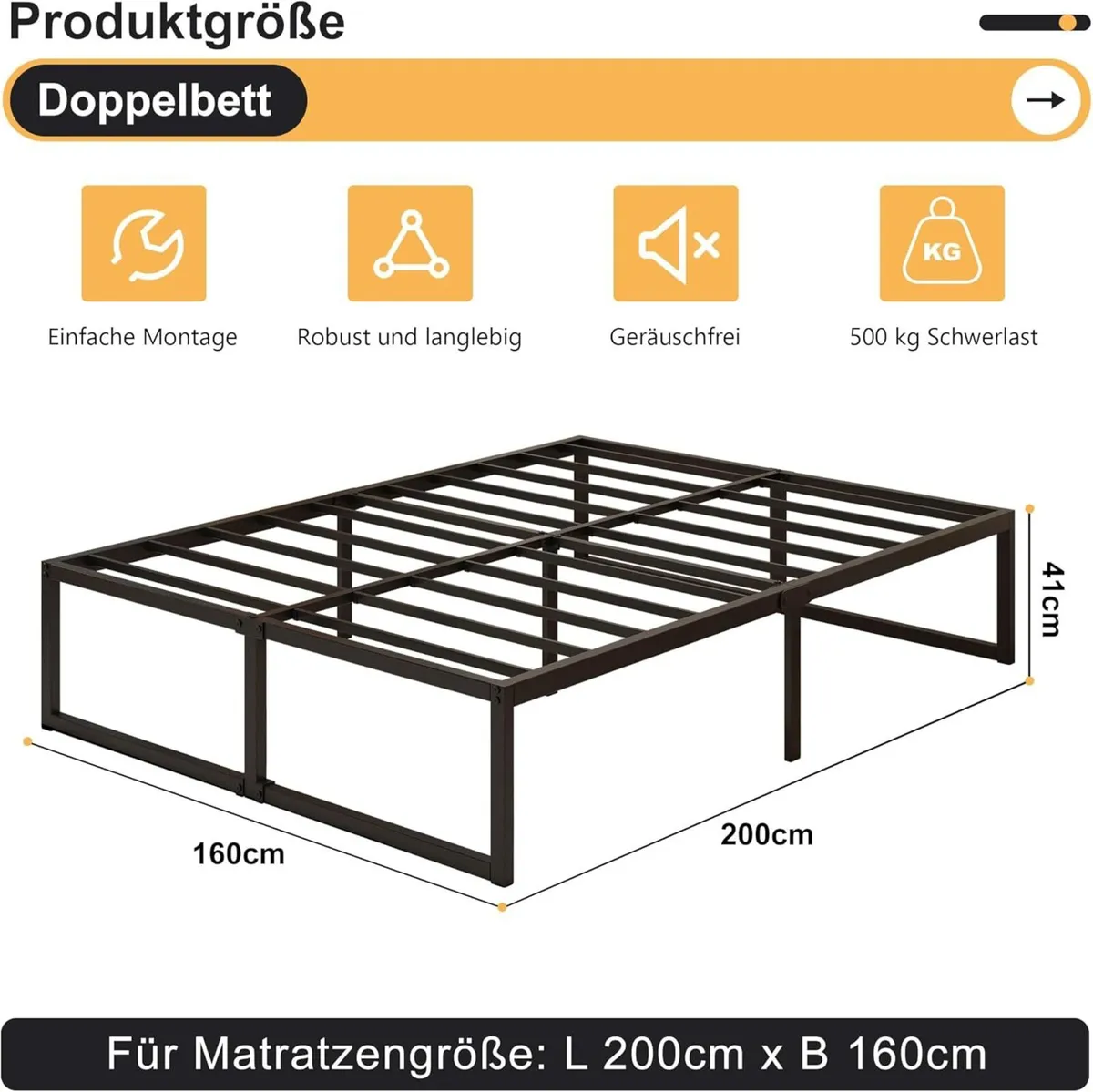 Double Bed Frame 160x200 cm Metal Platform with - Image 2