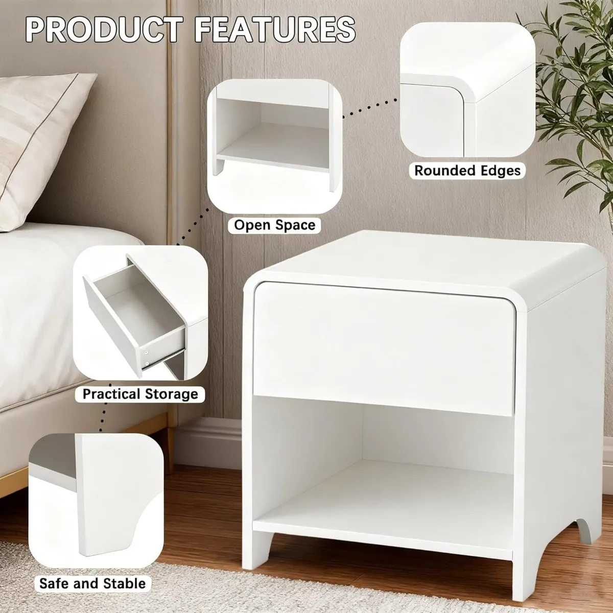 Bedside Table with Drawer Wooden Nightstand - Image 4