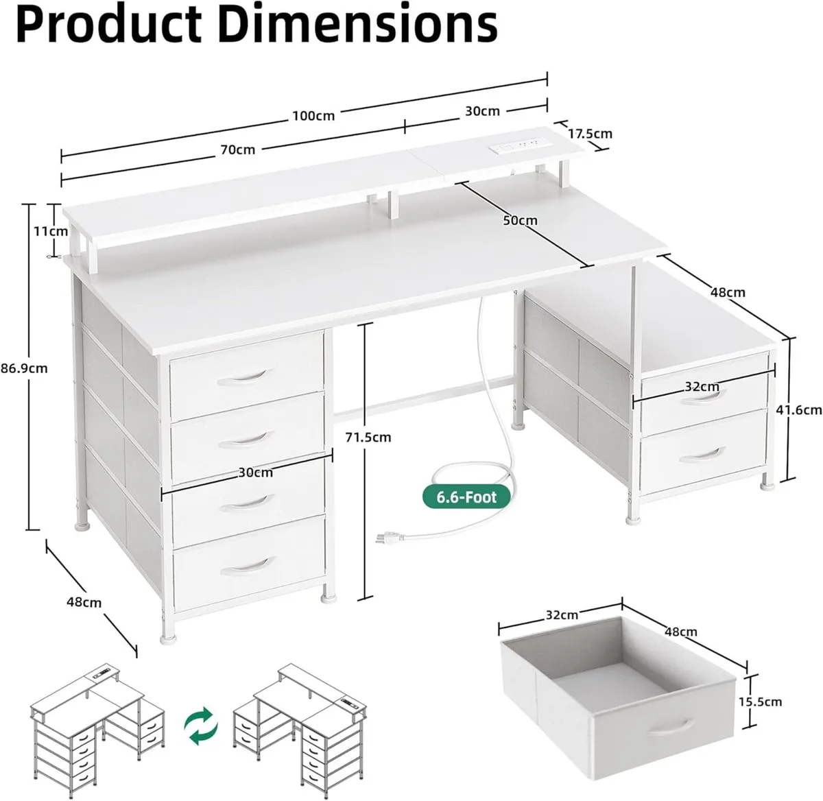 128cm Desk with Fabric File Cabinet Computer - Image 3
