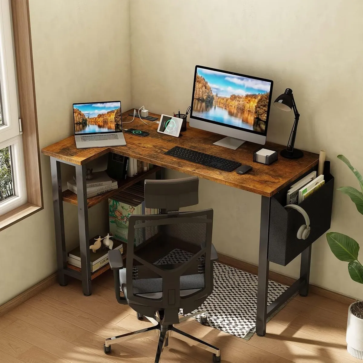 Small L Shaped Desk with Power Outlet Shelves 40 - Image 2