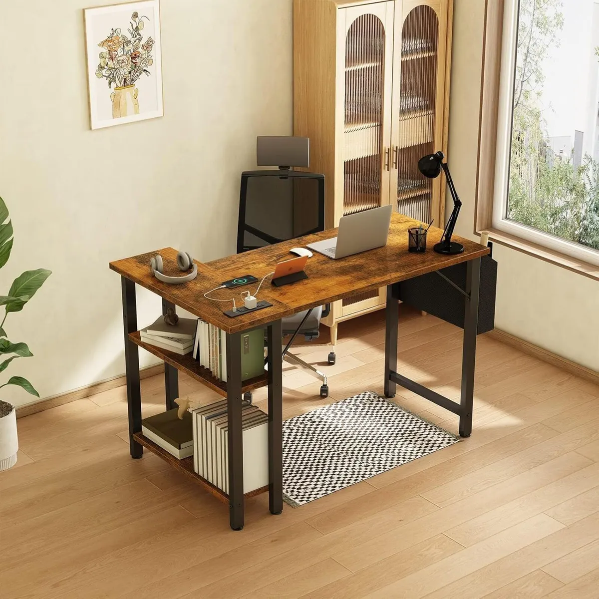 Small L Shaped Desk with Power Outlet Shelves 40 - Image 4