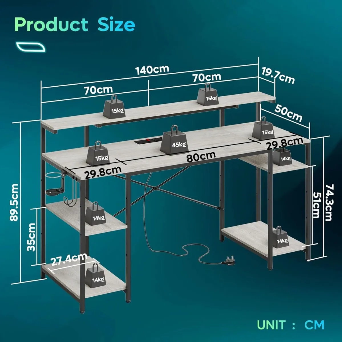 140 CM Computer Desk with Power Outlets LED - Image 3