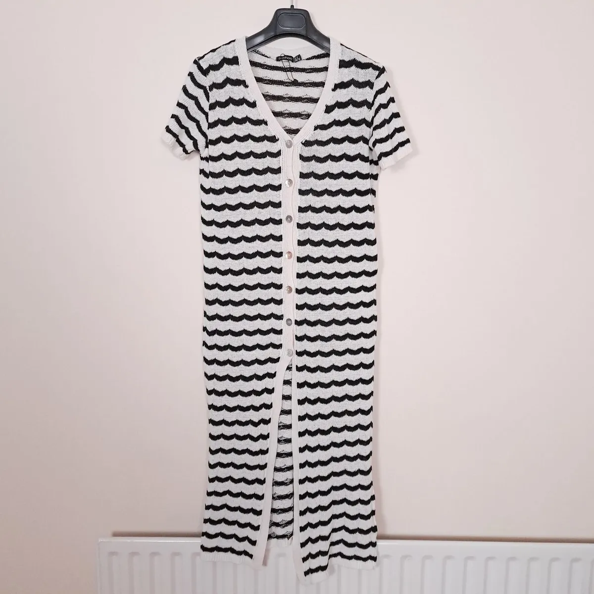 Boohoo White Black Stripe Crochet Midi Dress 12UK - Image 1