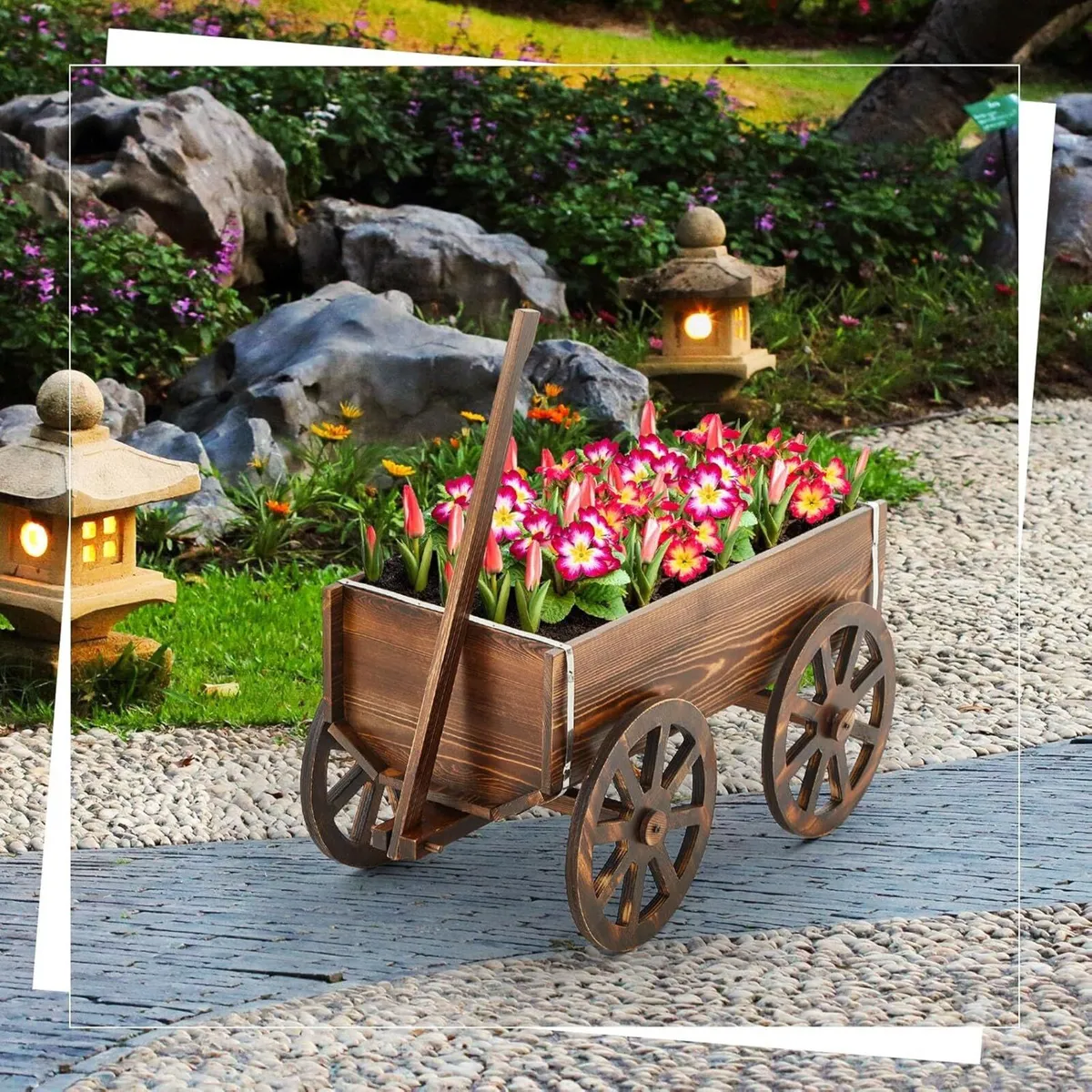 Wooden Wagon Planter Box Garden with Wheels - Image 2