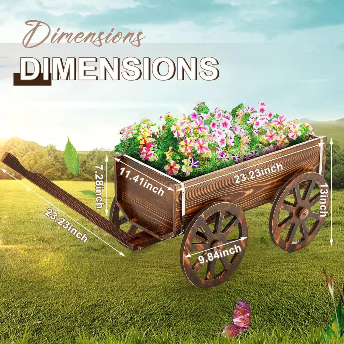 Wooden Wagon Planter Box Garden with Wheels - Image 3