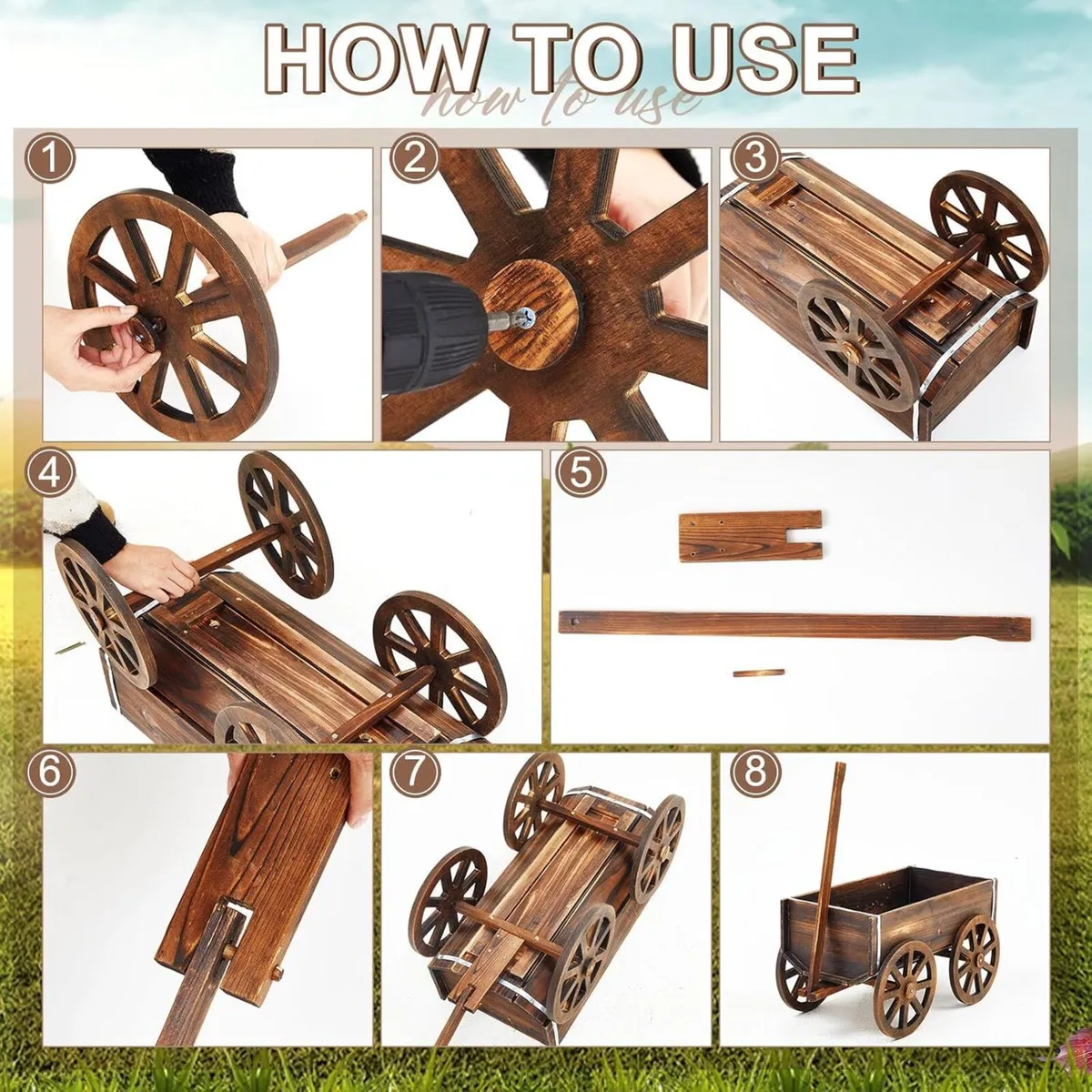 Wooden Wagon Planter Box Garden with Wheels - Image 4