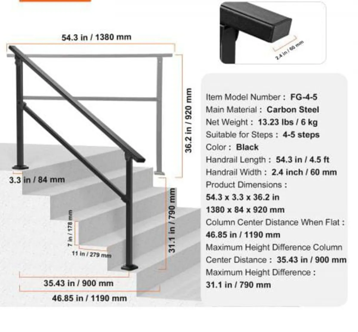 Handrails for Steps, 4-5 Step Stair Rail Kit, Blac - Image 2