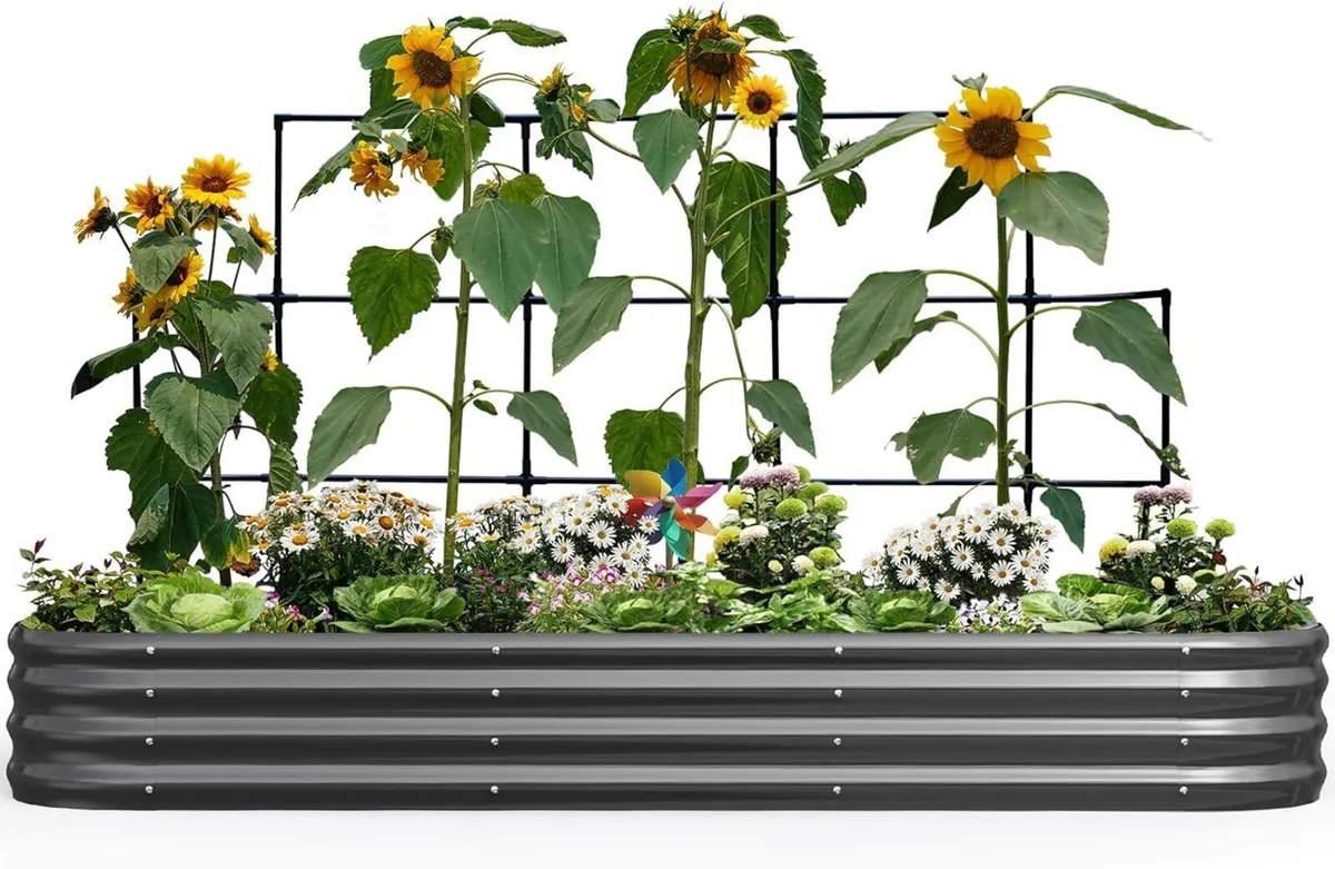 Galvanized Metal Raised Garden Bed with Trellis - Image 1