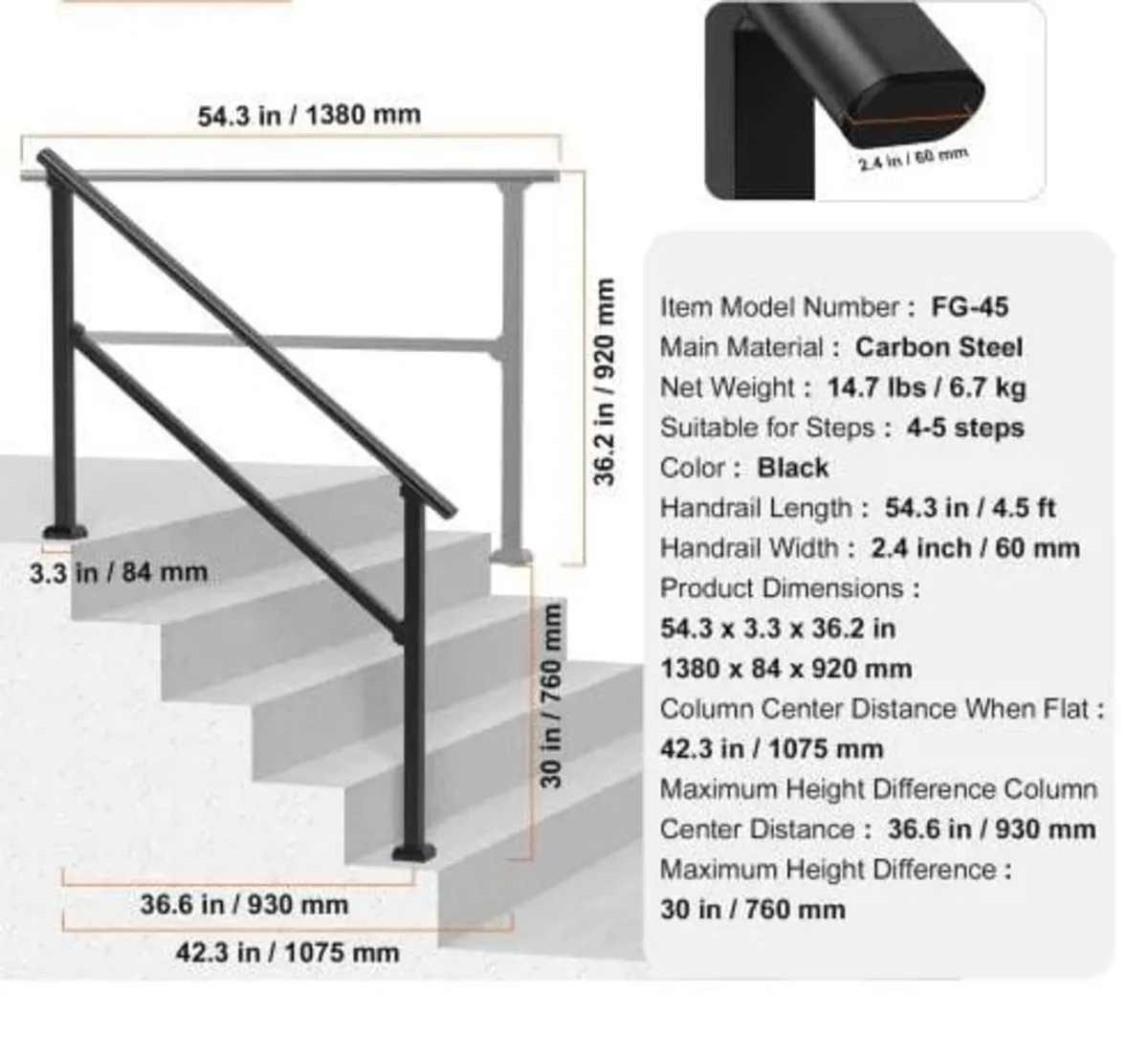 Handrails for Outdoor Steps, 4-5 Step Stair Hand R - Image 2