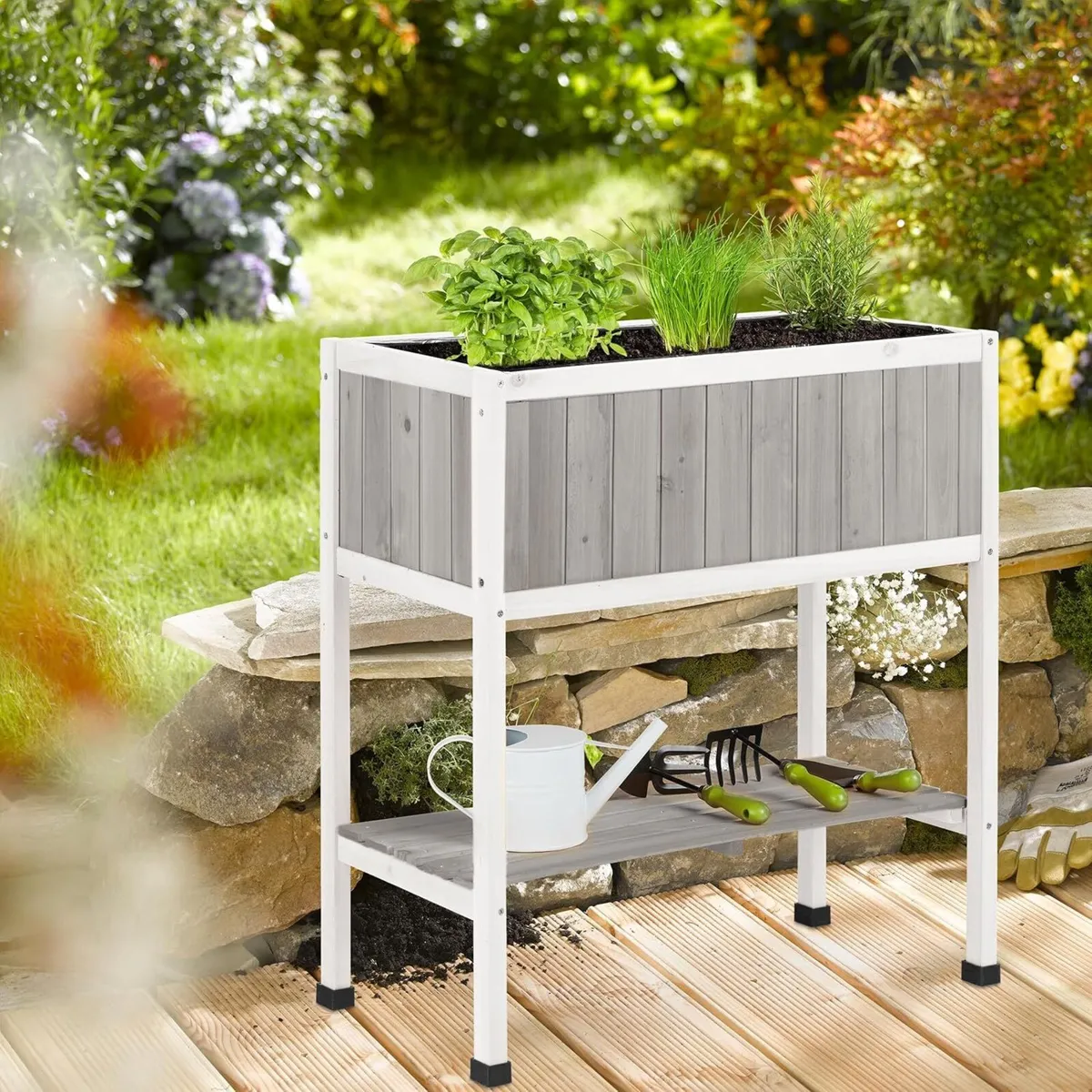 Raised Wooden Planter with Liner Flower Bed on - Image 2