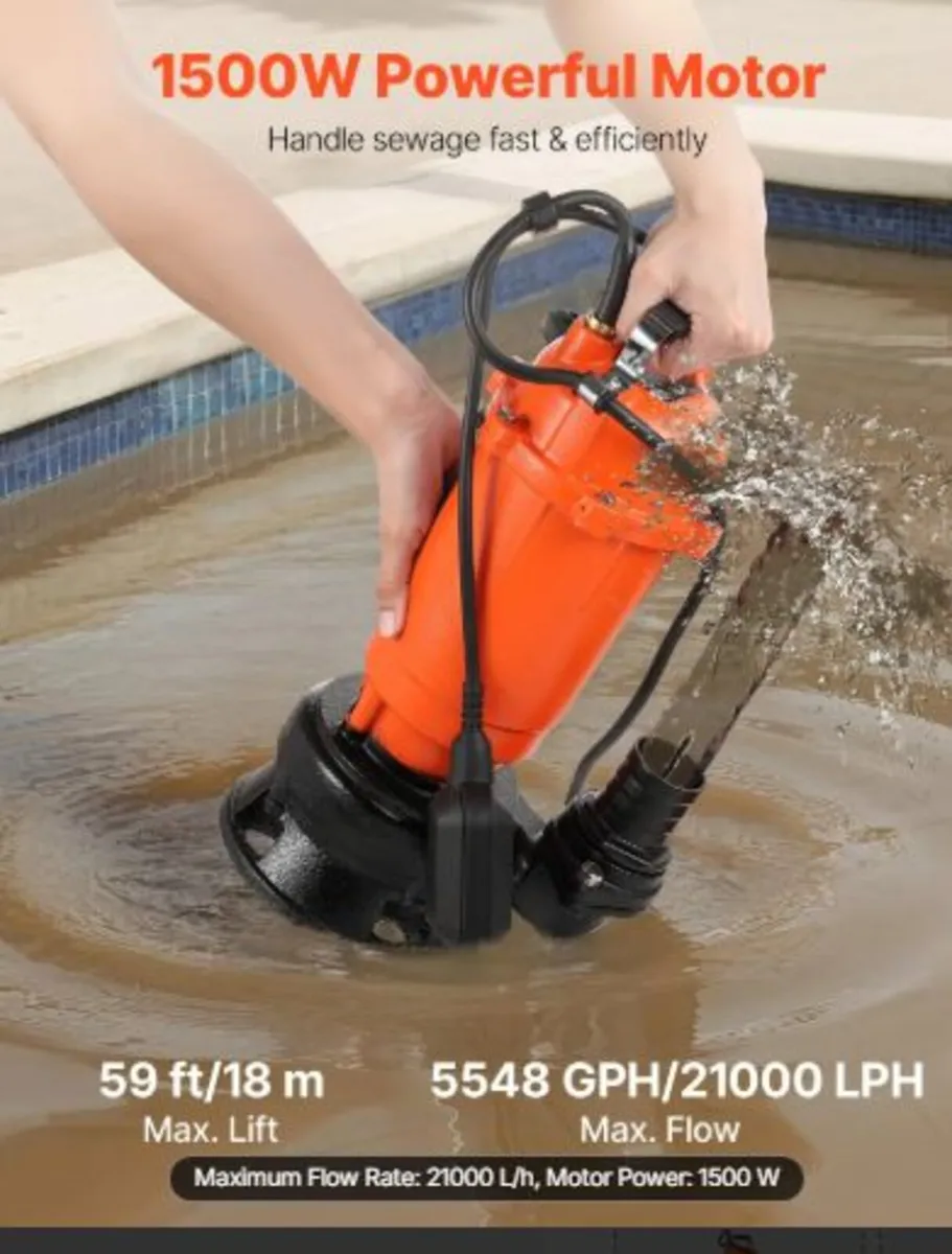 1500W Submersible Trash Pump, 21000 L/H, Cast Iron - Image 2