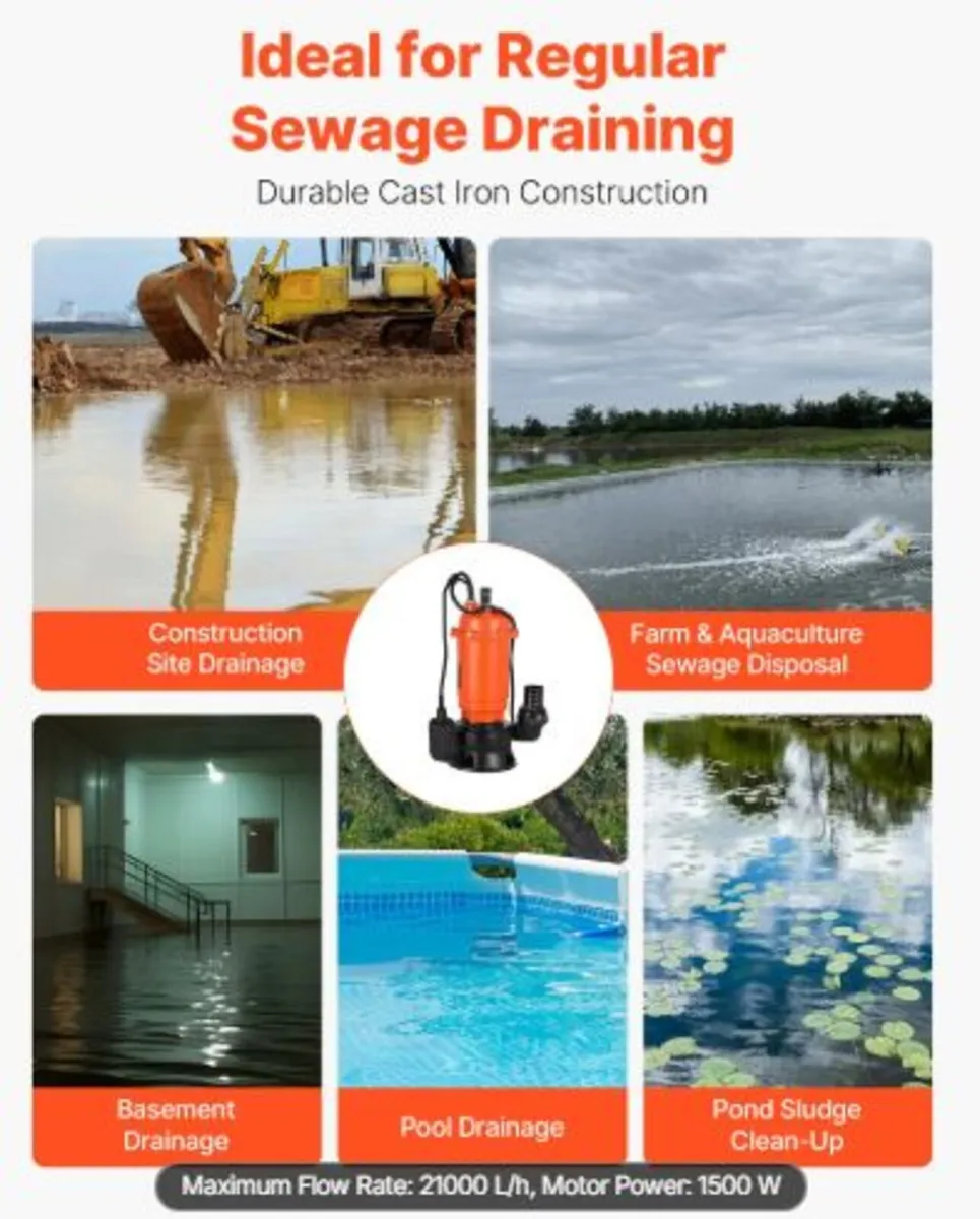 1500W Submersible Trash Pump, 21000 L/H, Cast Iron - Image 3