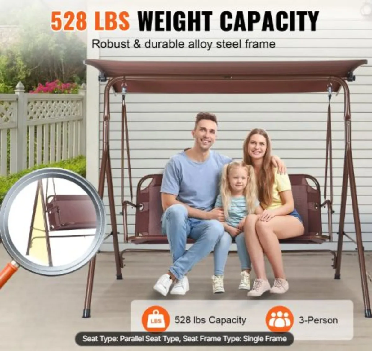 3-Person Patio Swing Chair, Outdoor Patio Swing - Image 2