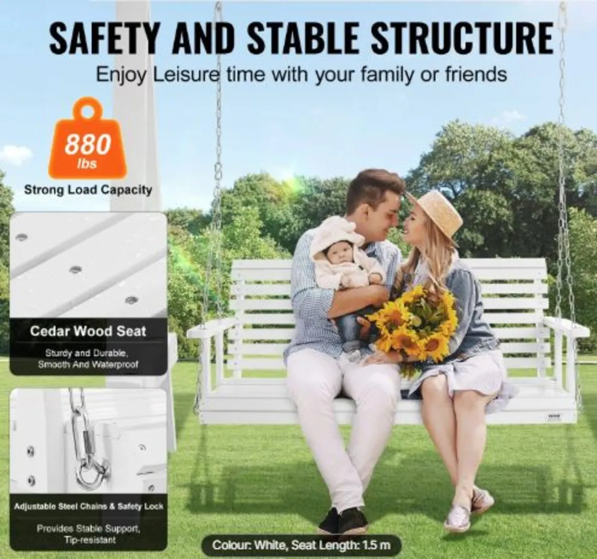 Wooden Porch Swing 5 ft, Patio bench swing - Image 2