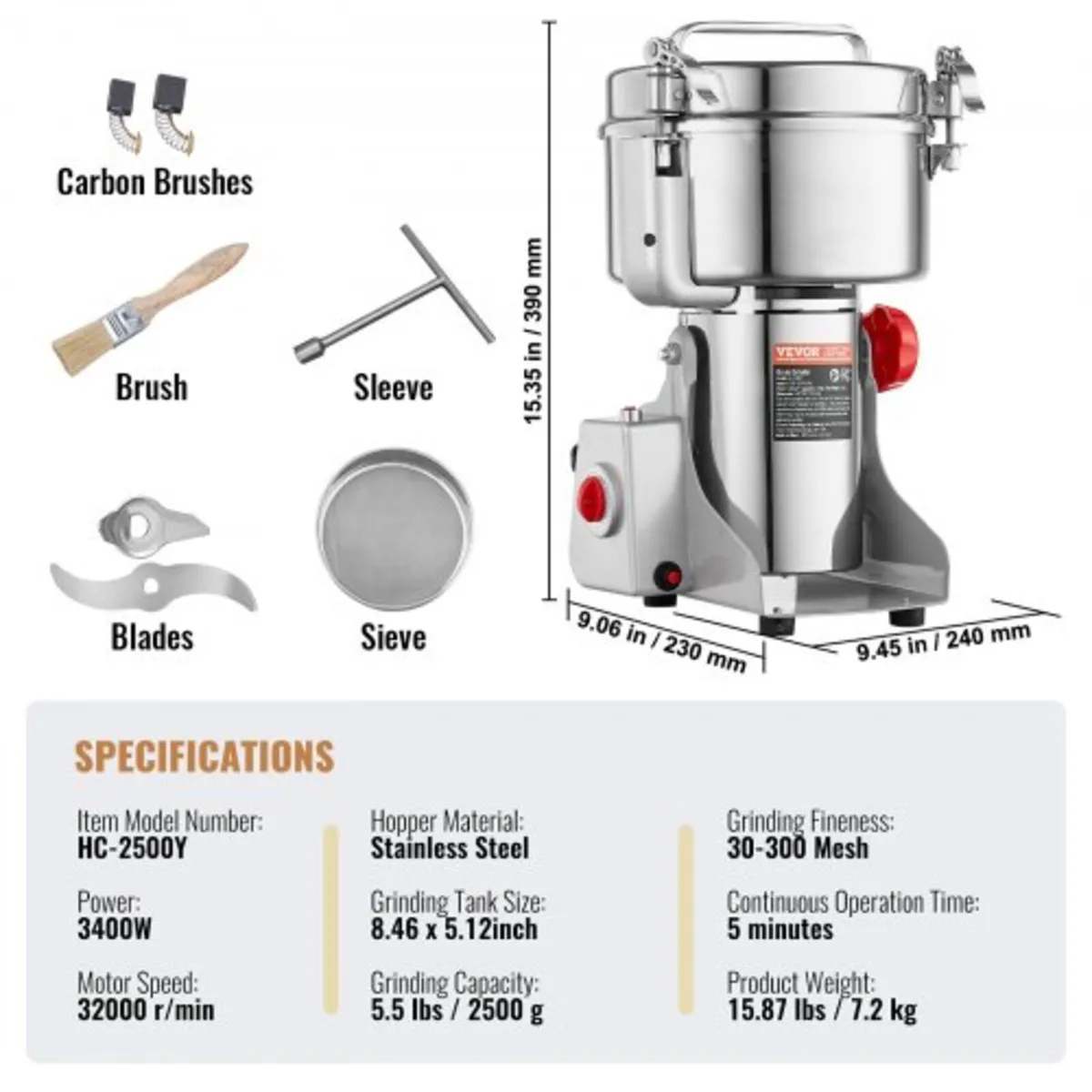 2500g Electric Grain Mill Grinder, High Speed 3400 - Image 2