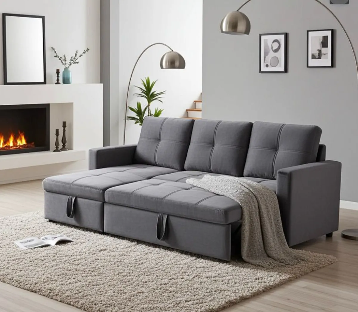 Grey velvet Corner Sofa Bed with Storage & Pull-Out Base - Image 1