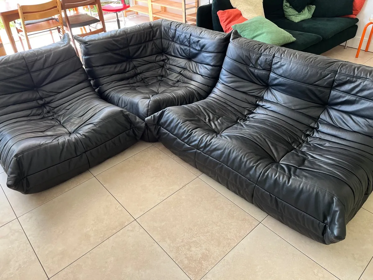 authentic Togo Ligne Roset sofa set black leather - Image 2