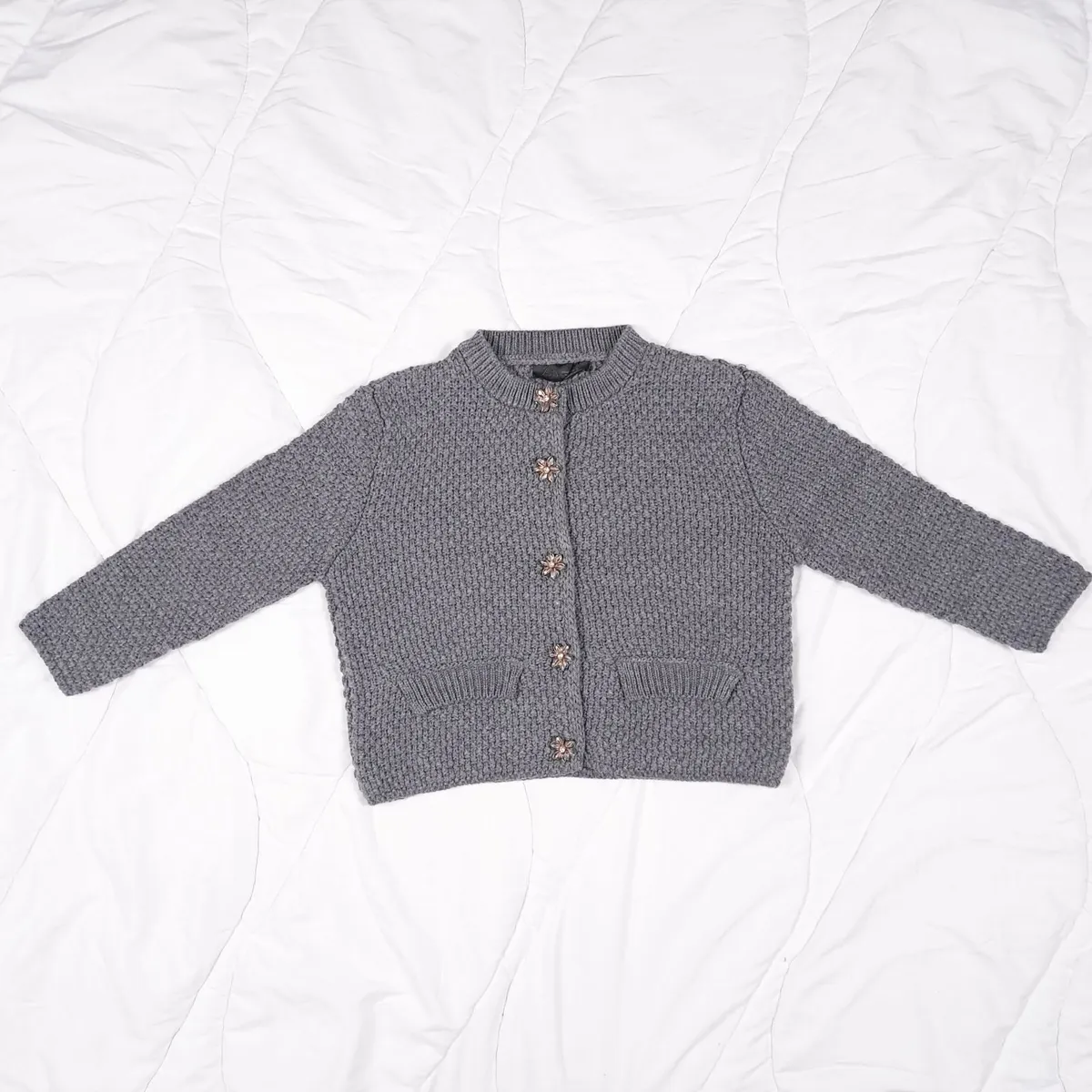 Zara Grey Knit Cardigan Flower Jewel Buttons S - Image 1