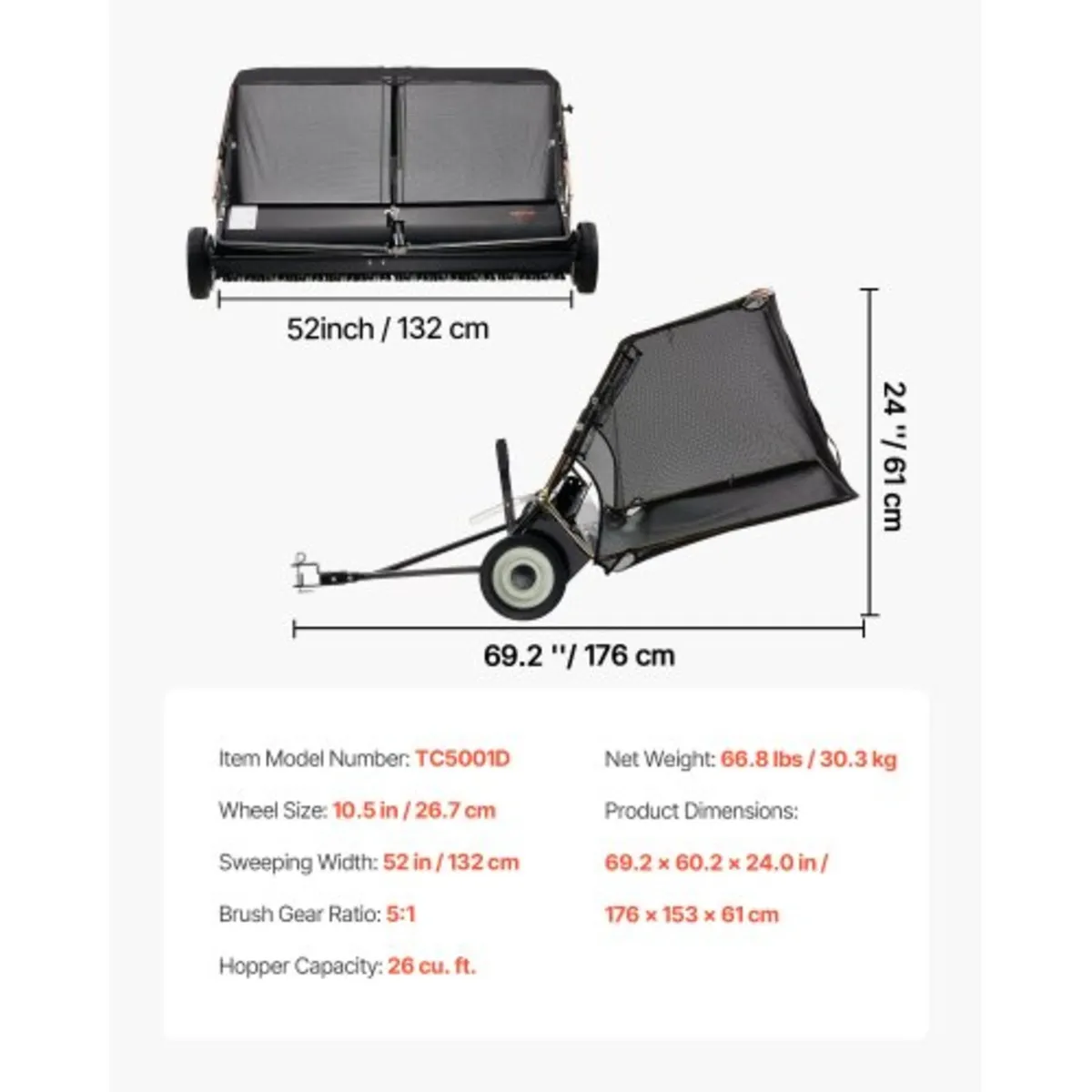 52" Tow Behind Lawn Sweeper, 26 cu.ft. Large Yard - Image 2