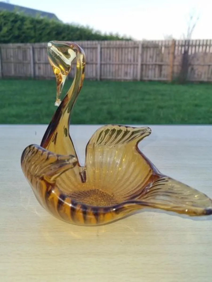 Vintage Amber Hand Blown Glass Swan Center Piece - Image 4