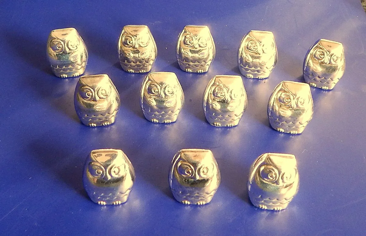 12 Small Vintage Silver Plated Owl Place Cards - Image 1