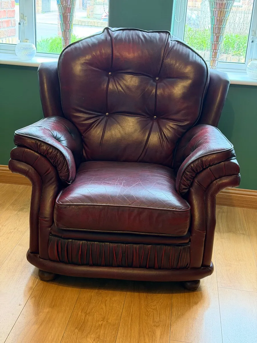 Burgundy Leather 3 Piece Sofa Suite - 3+1+1 - Image 3