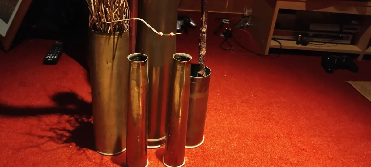 Collection of 5 Original Heavy Brass Army Shells. - Image 2