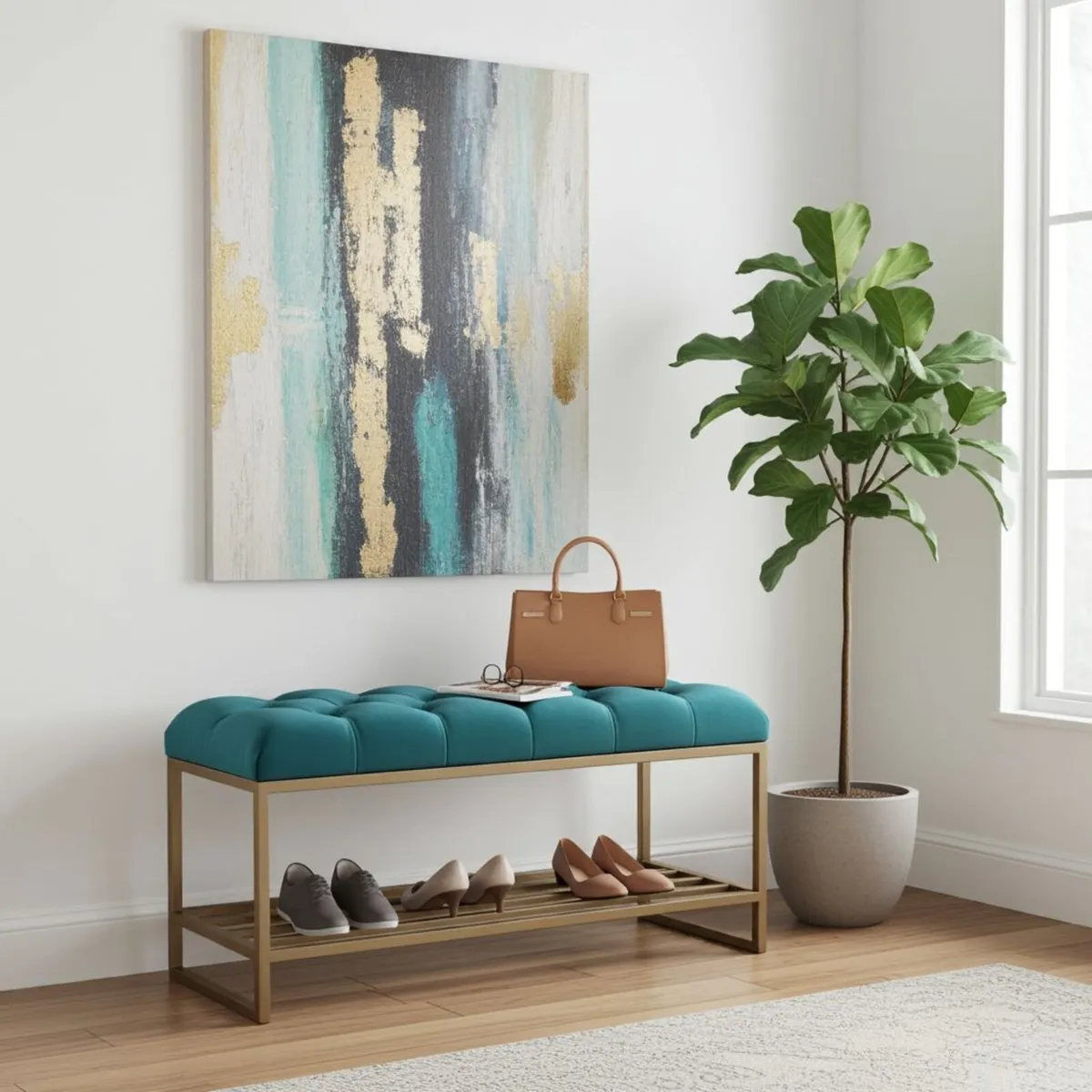 Teal Velvet Upholstered Bench / Shoe Rack - Image 2
