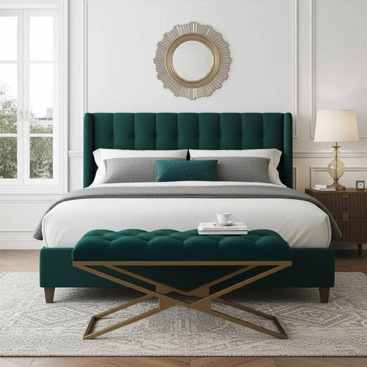 Green Velvet Bench with Gold X-Frame - Image 1