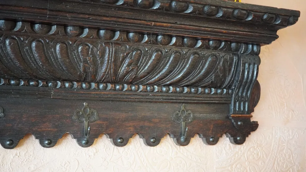 Antique French Carved Oak Wall Coat Rack - Image 2