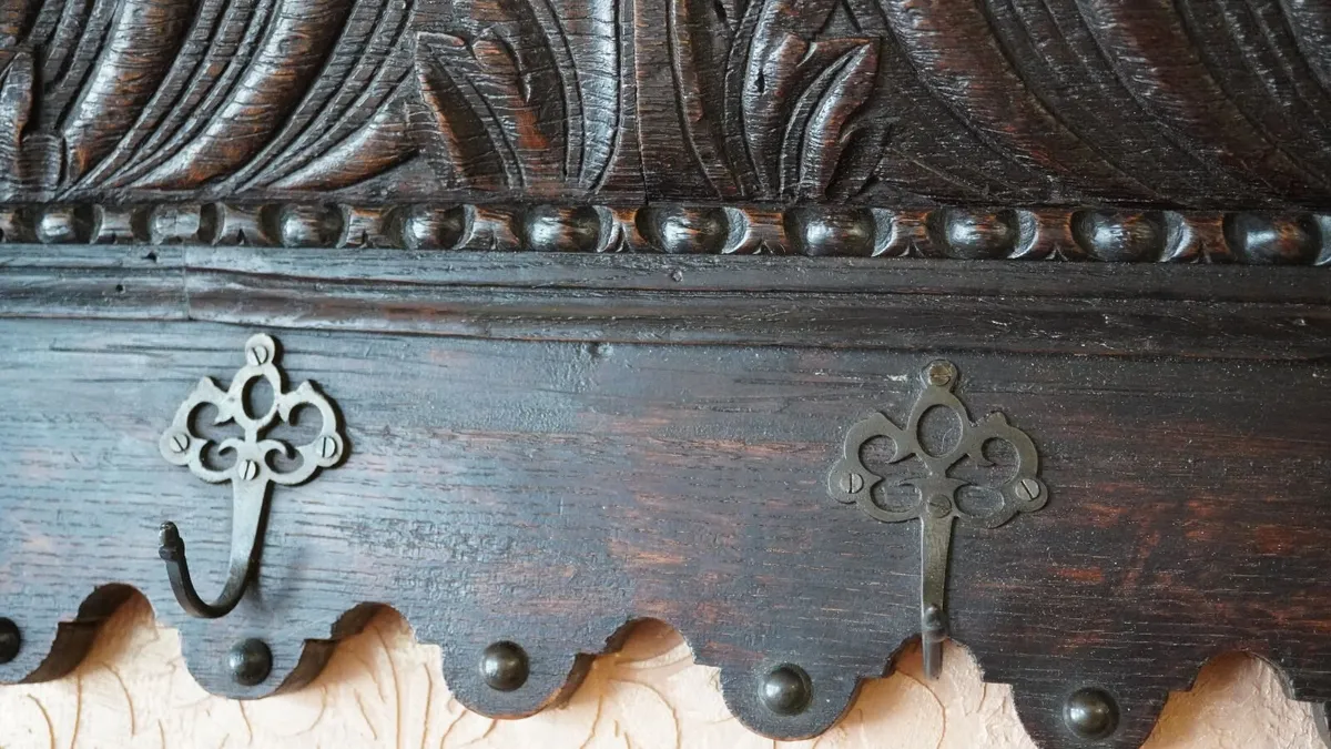 Antique French Carved Oak Wall Coat Rack - Image 4