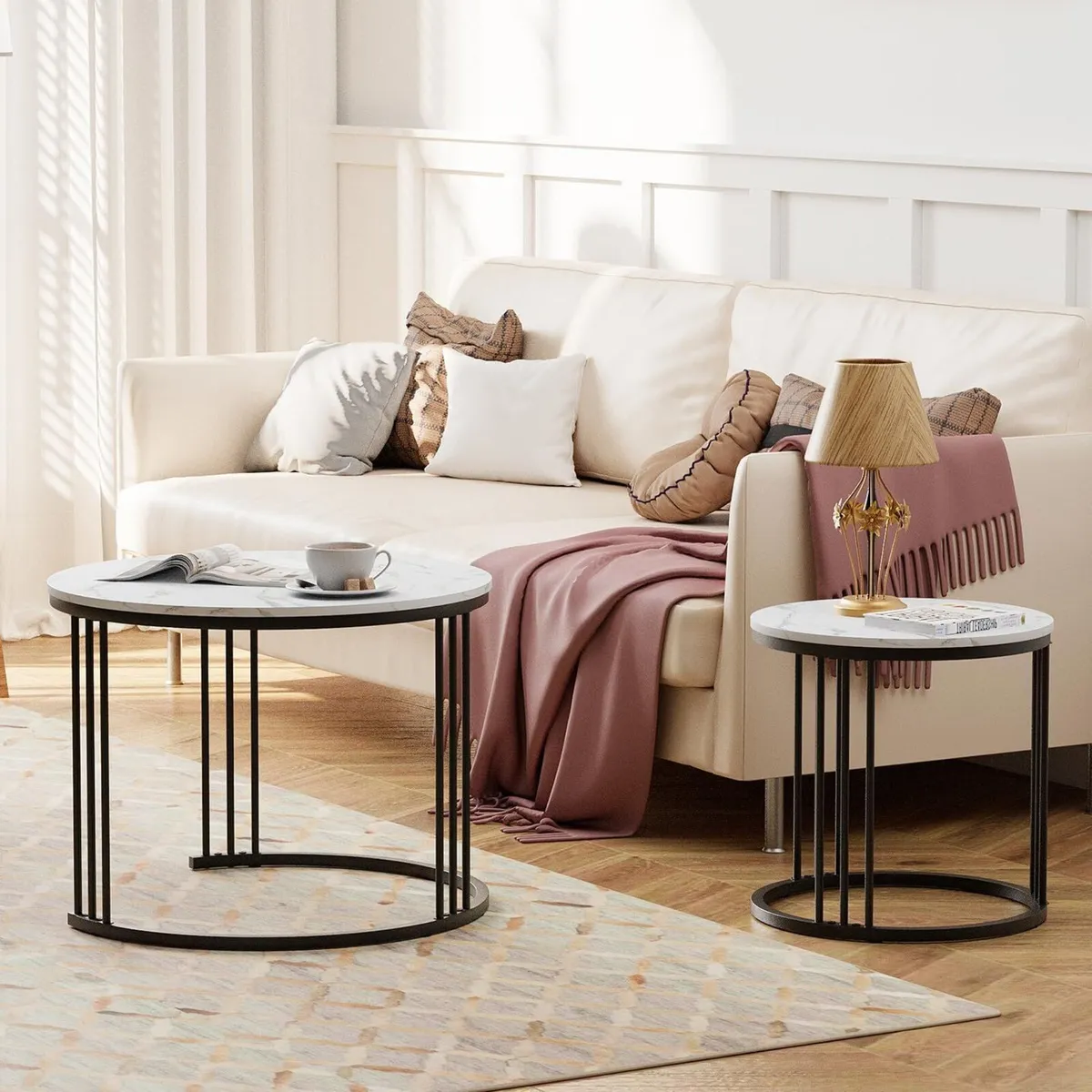 Round Coffee Table Set of 2 Living Room Made Wood - Image 4