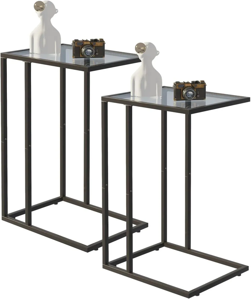 C Shaped End Table Set of 2 Glass Side for Couch - Image 1