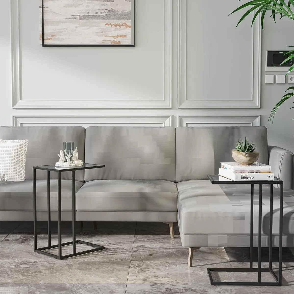 C Shaped End Table Set of 2 Glass Side for Couch - Image 2