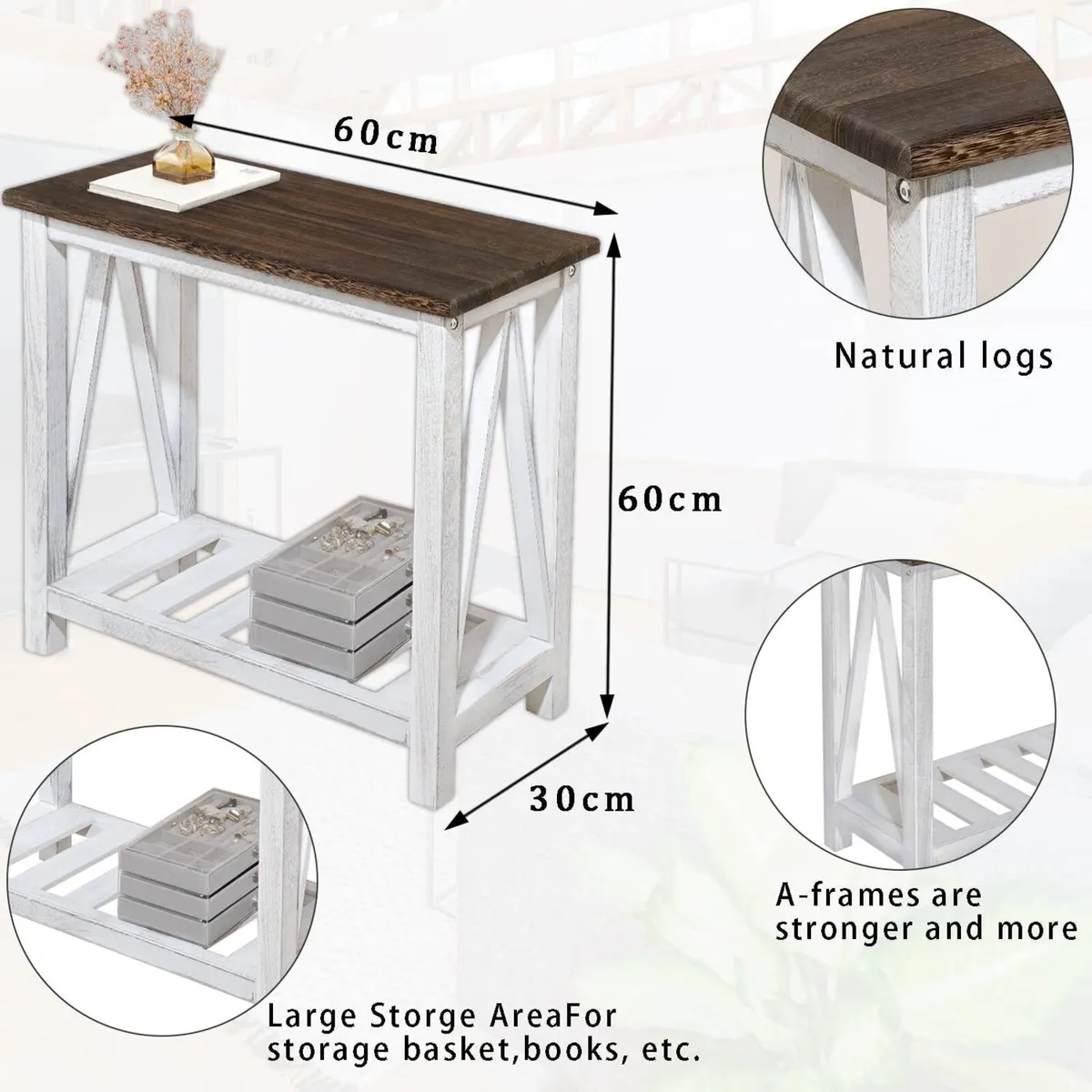 Farmhouse End Table Wooden Bedside Tables with - Image 3