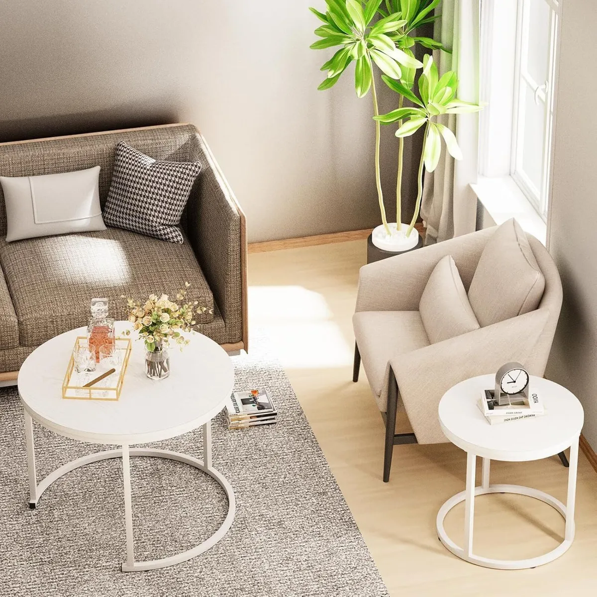 Round Coffee Table Set of 2 Living Room Made Wood - Image 4