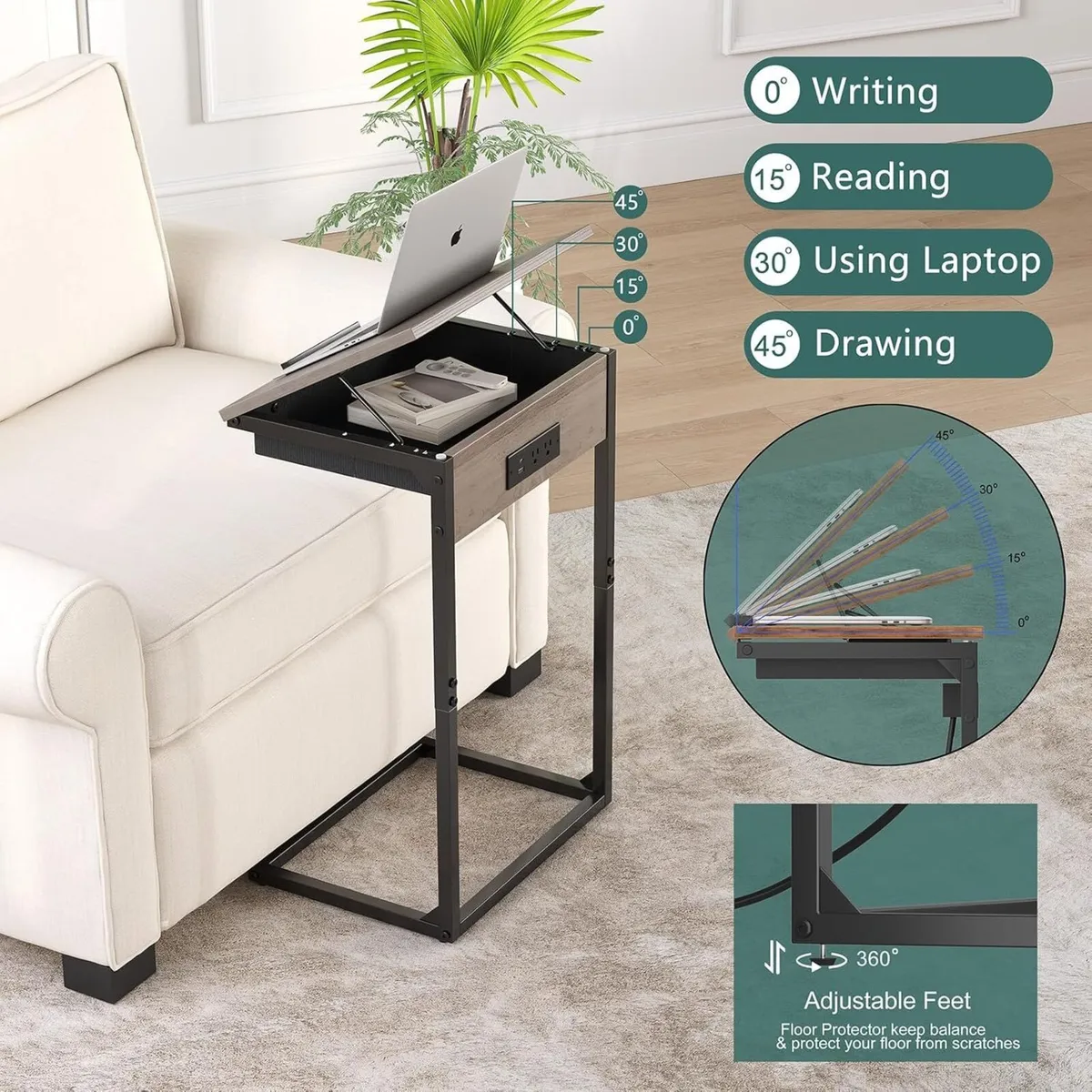 C Shaped End Table with Charging Station 45degrees - Image 4
