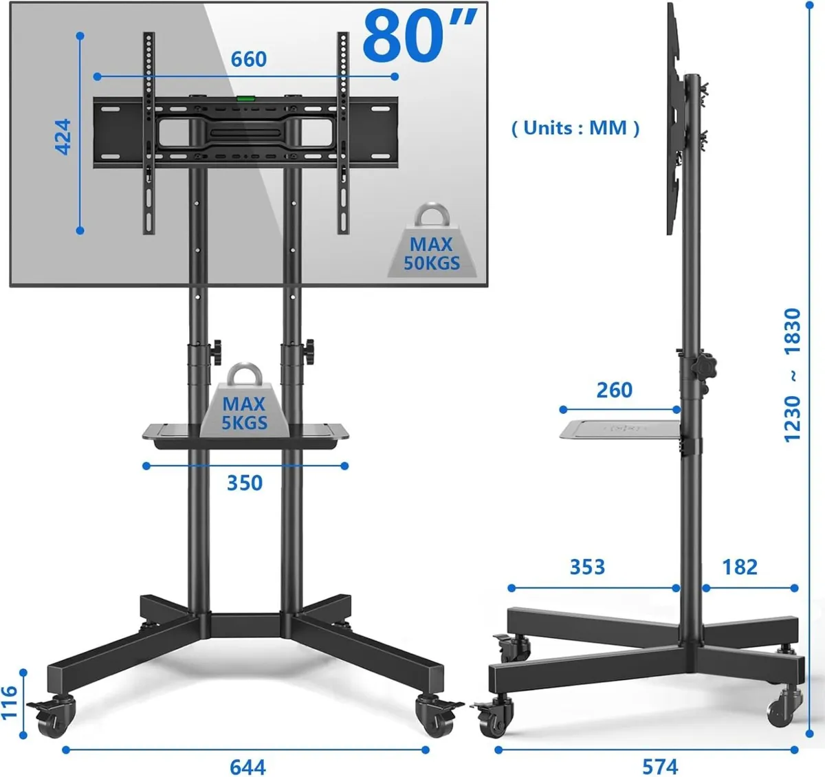 Mobile TV Stand on Wheels for 32-80 Inch LCD LED - Image 4