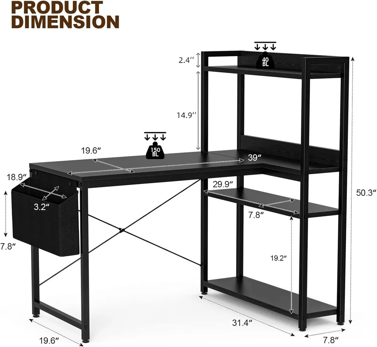 120x80 cm L Shaped Gaming Desk with Reversible - Image 3