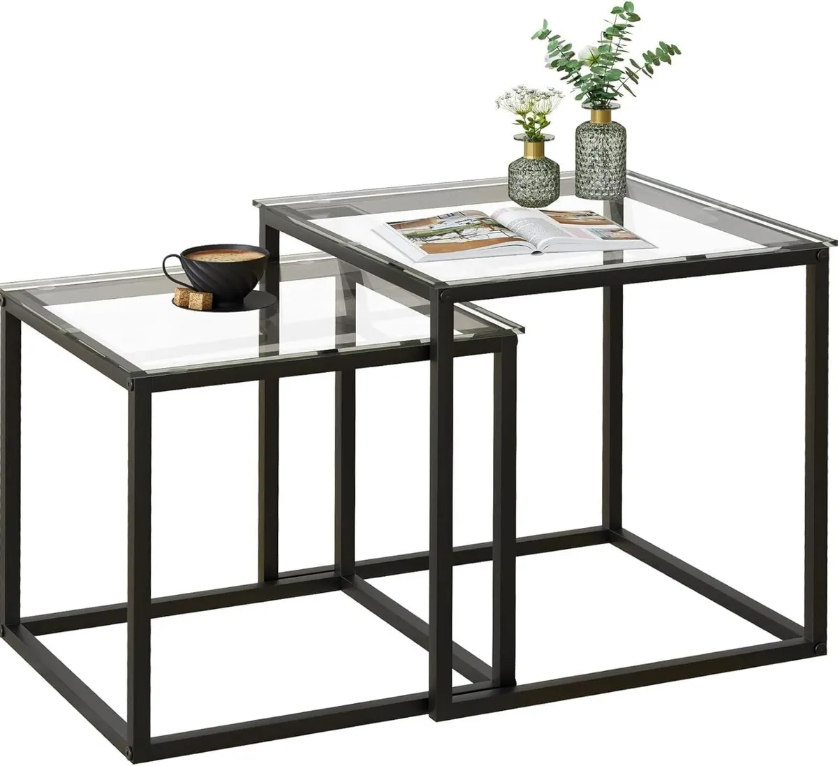 Square Coffee Table Set of 2 (Black Glass) - Image 1