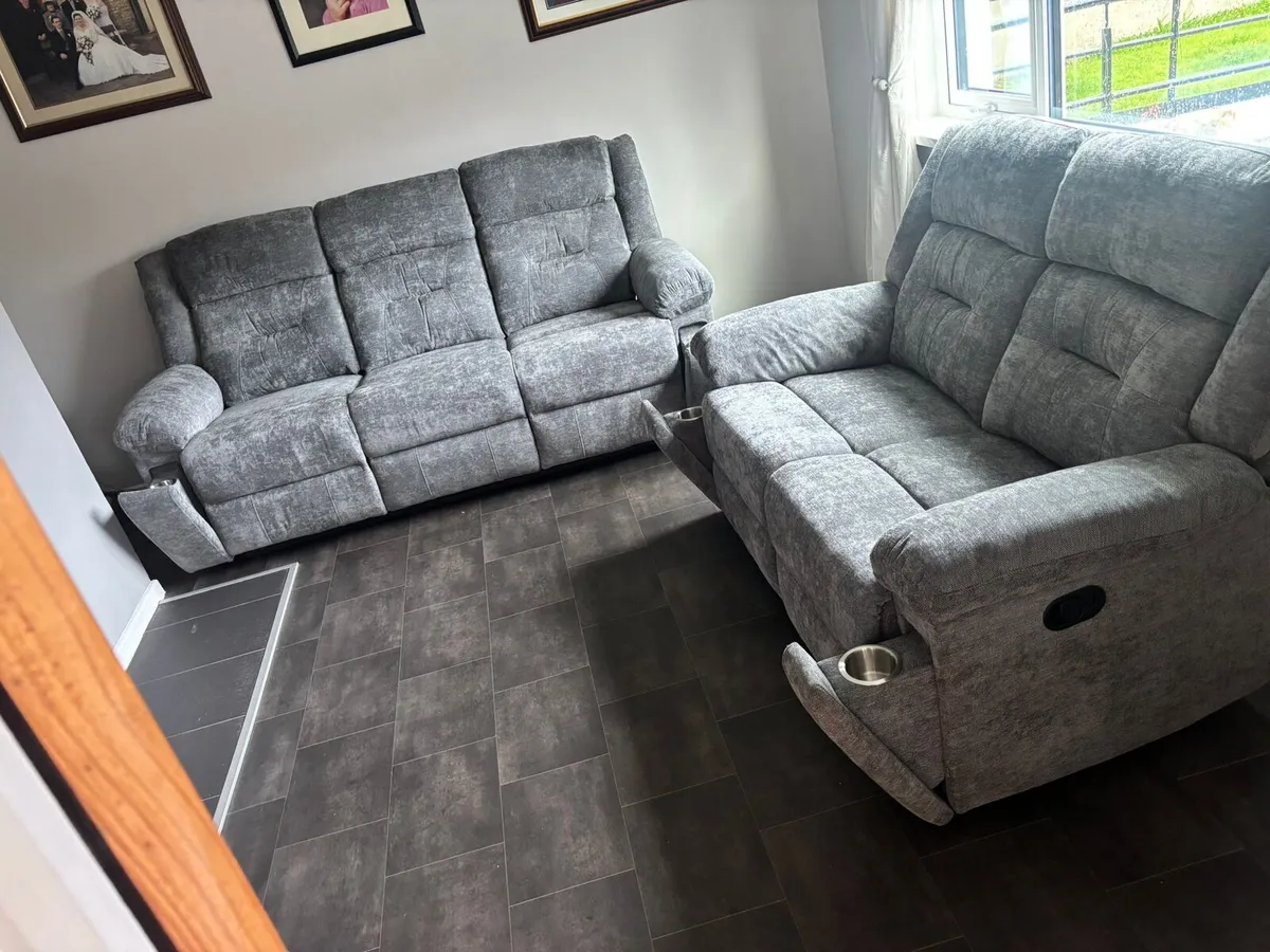 New 3+2 Montana Grey Fabric Recliner Sofa - Image 2