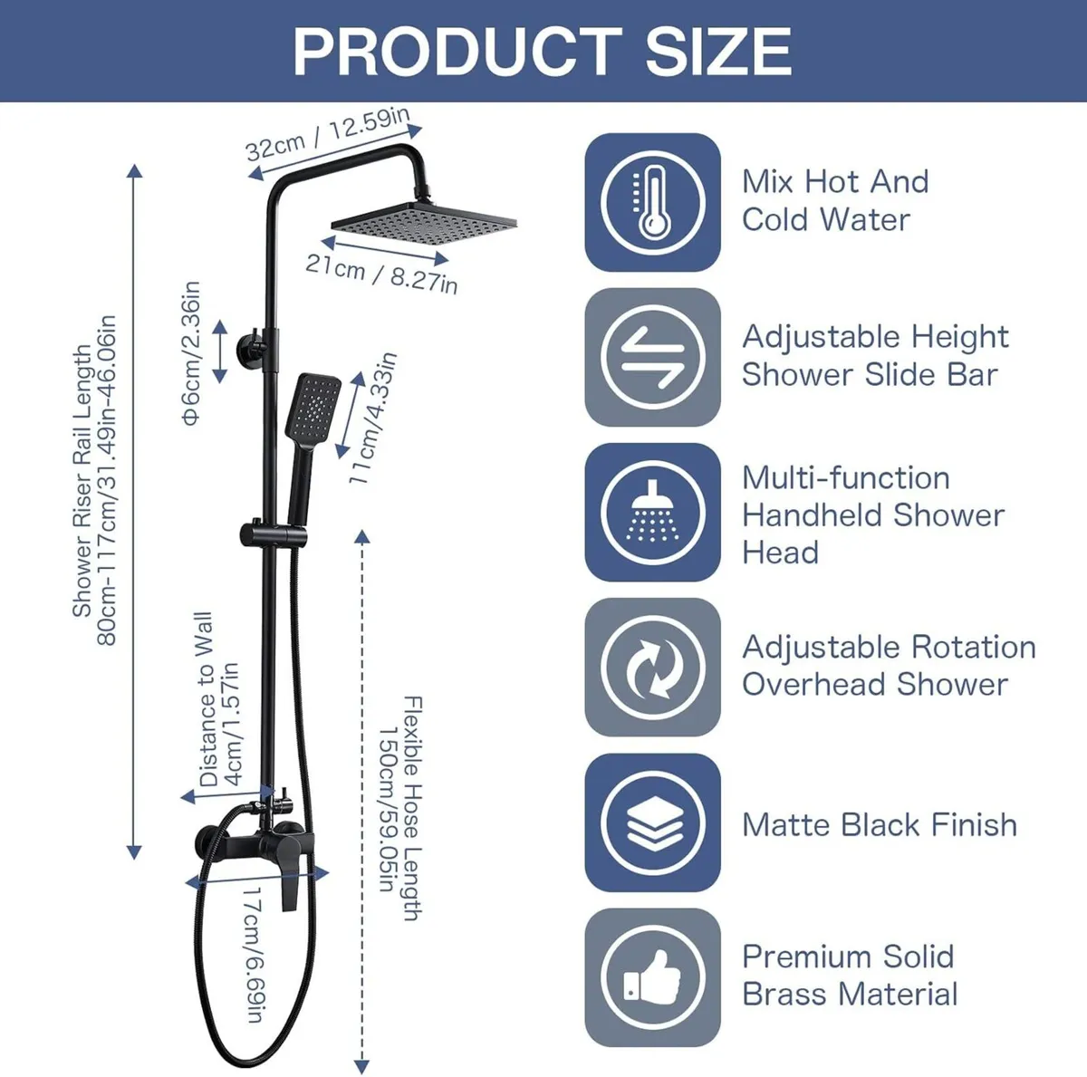 Shower System with Diverter Black Mixer Set 8” - Image 2